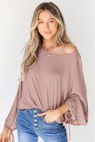 Pink Ribbed Drawstring Ruched Dolman Sleeve Top