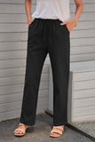 Black Drawstring Elastic Waist Pockets Long Straight Legs Pants