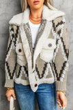 Brown Diamond Pattern Knit Sherpa Splice Cardigan Sweater