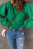Green Textured Bubble Sleeve Knit Sweater