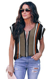 V Neck Stripes Roll up Short Sleeve Zip Up Blouse
