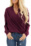 V-Neck Wrap Front Irregular Twist Hem Long Sleeve Top