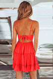 Spaghetti Straps V Neck Lace Bodice Ruffled Mini Dress