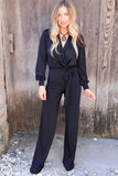 V Neck Wrap Waist Tie Long Sleeve Jumpsuit
