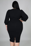Plus Size Puff Sleeve Wrap V Neck Midi Dress