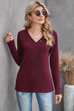 Wine V-neck Button Solid Color Long Sleeve Top