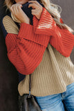 Khaki Long Sleeve Turtleneck Color Block Pullover Knit Sweater