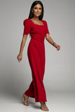 Burgundy Belted Square Neck Puff Sleeve Jumpsuit