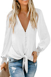 V Neck Lace Splicing Cuffs Button Knotted Blouse