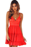 Spaghetti Straps V Neck Lace Bodice Ruffled Mini Dress