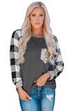 Plaid Splicing Sequined Pocket Long Sleeve Top