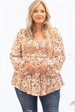 Khaki Square Neck Floral Leopard Smocked Bust Plus Size Blouse