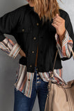 Black Button Up Pockets Striped Color Block Corduroy Jacket