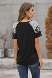 Khaki Striped Leopard Print Short Sleeve Women T-shirt