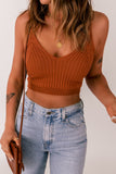 Brown Ribbed Spaghetti Strap Cropped Knitted Tank Top