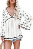 V Neck Embroidered Flare Sleeve Pleated Hem Top