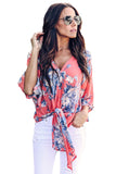 Floral Print Tie Front Kimono Sleeve Blouse