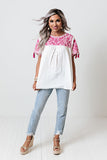 White Embroidered Floral Short Sleeves Shift Top