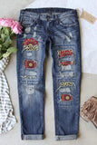 Pattern Patchwork Mid Waist Distressed Jeans