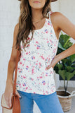 White Ruffle Straps Floral Rib Knit Tank Top