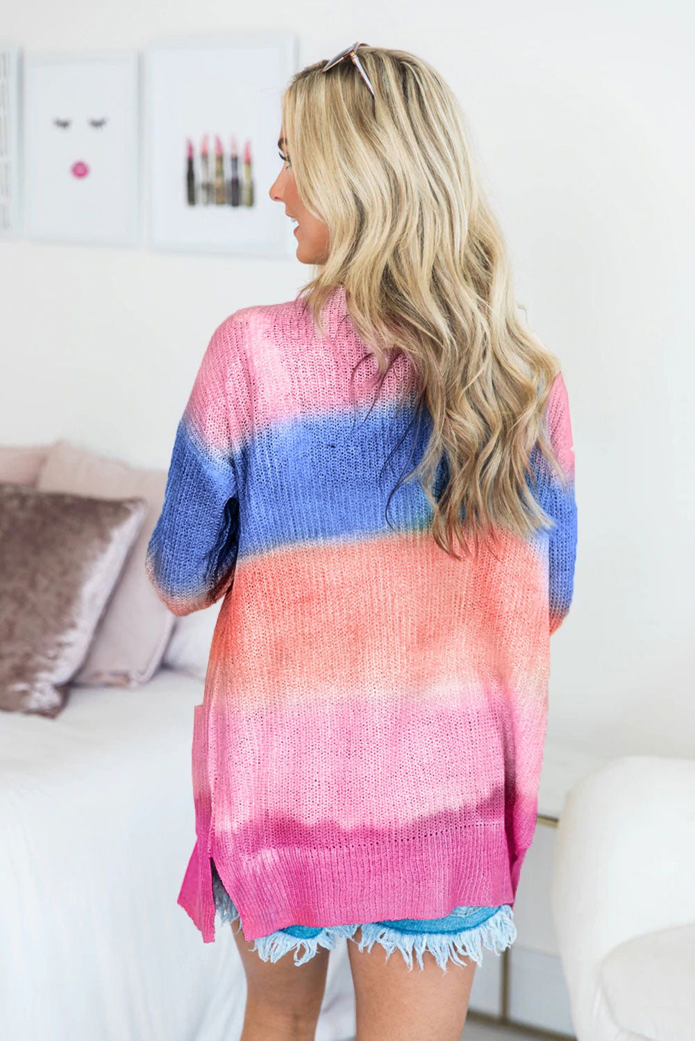 Rainbow Ombre Buttoned Cardigan with Pockets