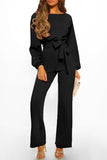Black Boat Neck Bubble Sleeve Straight Legs Jumpsuit with Belt Tie