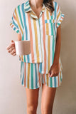 Multicolor Striped Turn-down Collared Pajamas Set