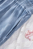 V Neck Smocked Waist Pocketed Chambray Romper