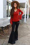 Red Boho V Neck Knit Bell Sleeve Top