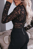 Black Lace Contrast V Neck Long Sleeve Jumpsuit