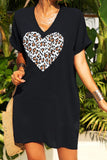 Heart-shape Leopard Print V Neck T-shirt Dress