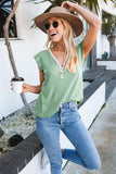 V Neck Buttoned Lace Trim Short Sleeve Tee