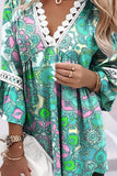 Sky Blue Tribal Print Lace Contrast V Neck Blouse