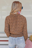 Leopard Bubble Sleeves Smocked Blouse
