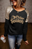 Black Cider Season Graphic Sequin Shoulder Patch Top