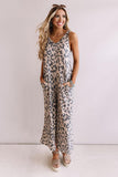 Leopard Print Pockets Wide Leg Sleeveless Jumpsuit
