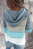 Sky Blue Zipped Front Colorblock Hollow-out Knit Hoodie