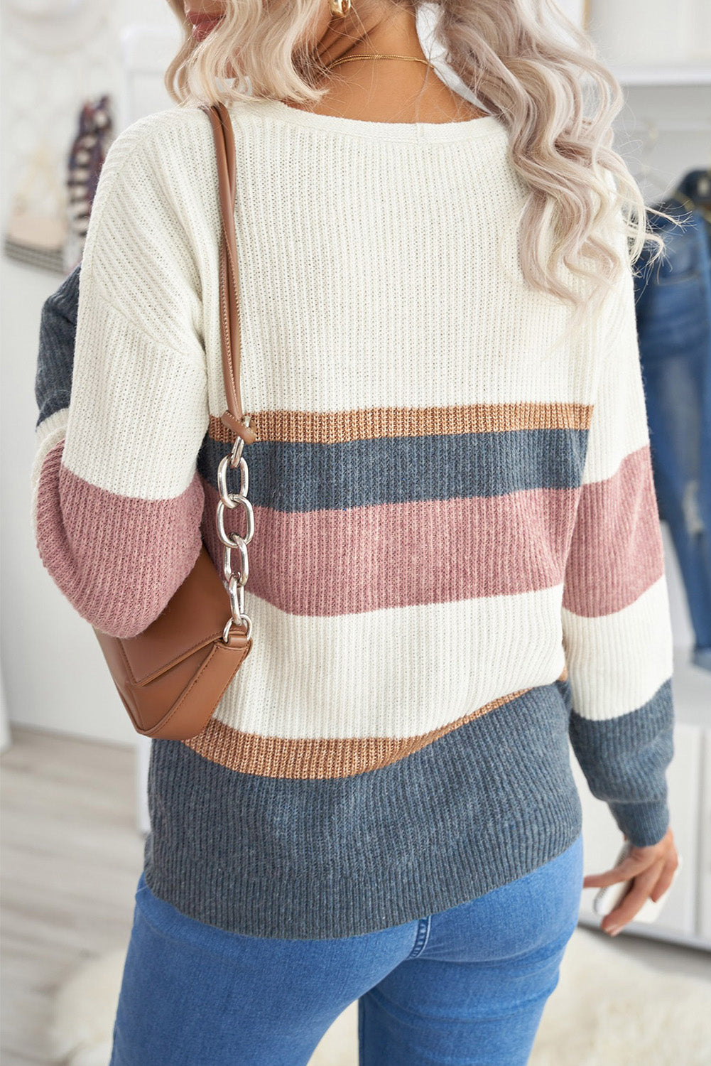 V Neck Button Closure Colorblock Knit Sweater