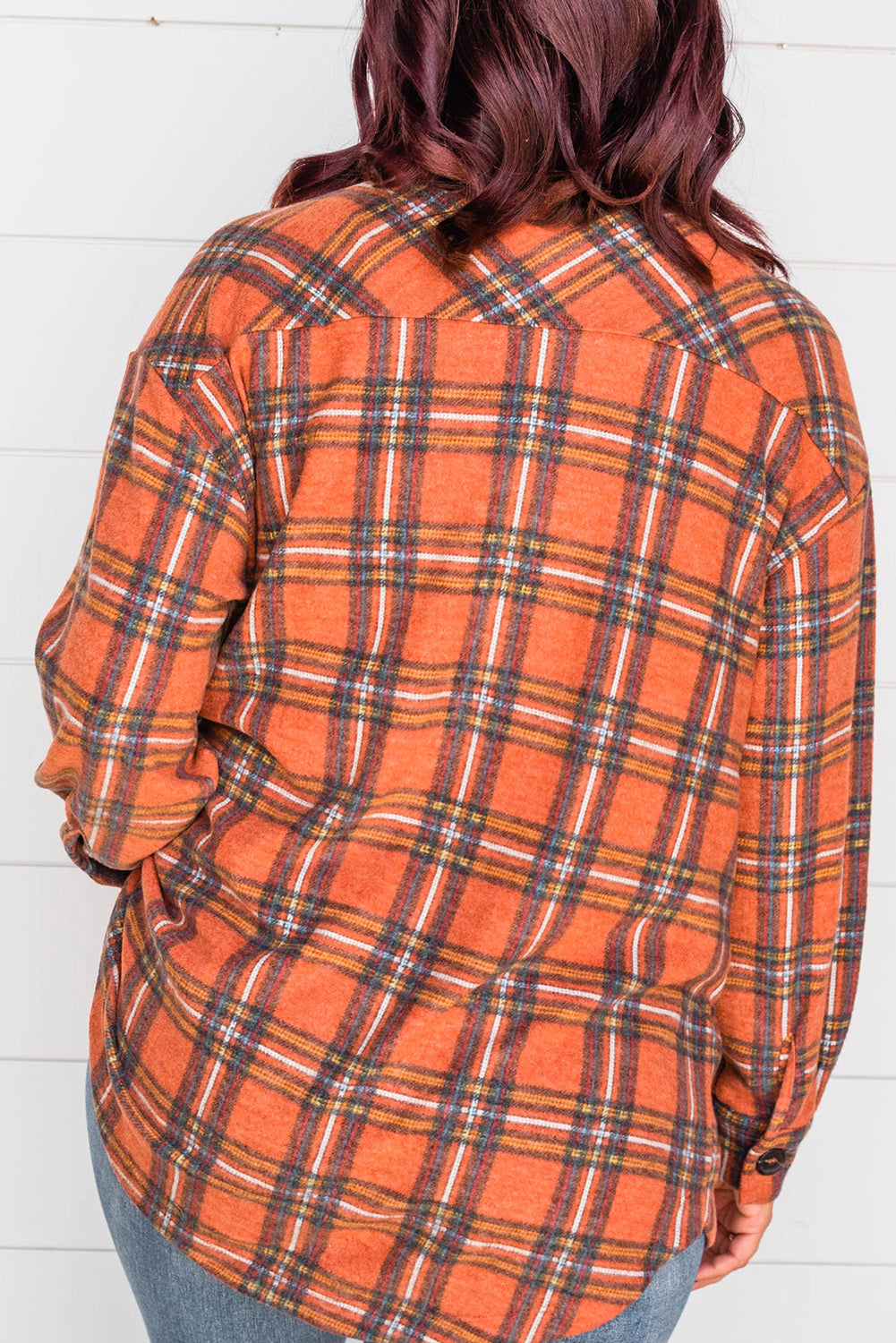 Orange Plus Size Plaid Pocketed Long Sleeve Shirt