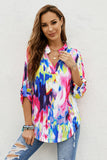 Tie Dye Button Tab-Sleeve V-Neck Blouse