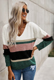Khaki Casual Color-Block Striped Long Sleeve V Neck Sweater