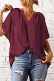 Red Split Neck Pleated Loose Top