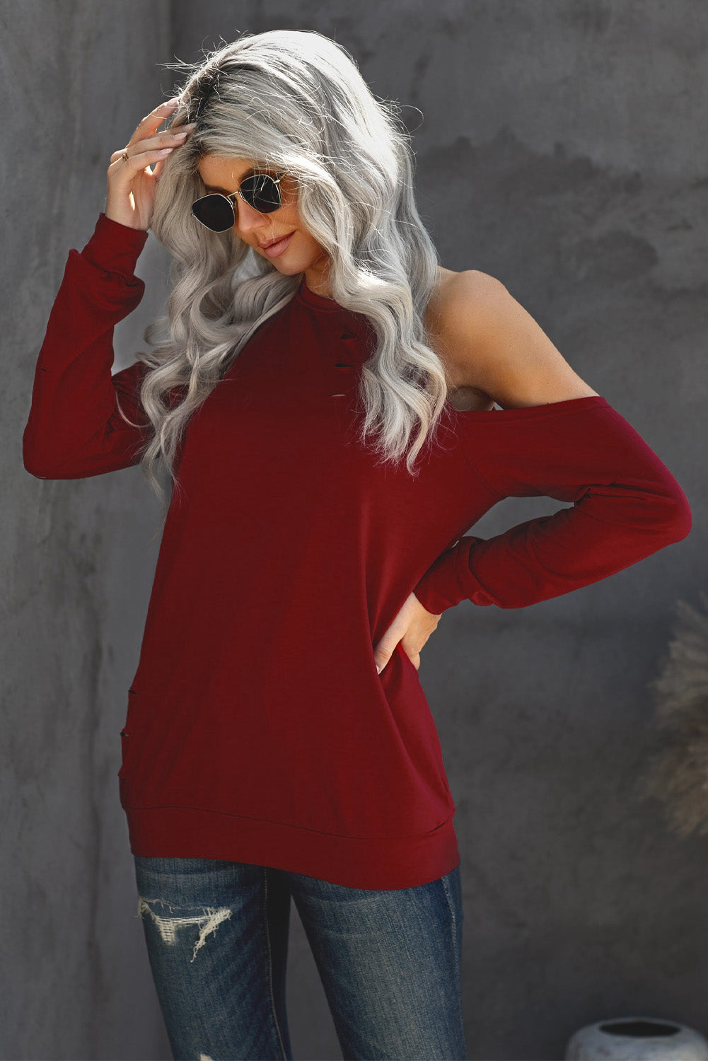 Hollow Out Off-the-shoulder Long Sleeve T-shirt