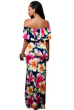 Turquoise Roses Print Off-the-shoulder Maxi Dress