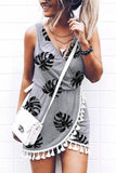 Palm Leaves Print Tassel Wrap V-Neck Mini Dress