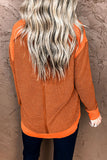 Waffle Knit Patchwork V Neck Long Sleeve Top