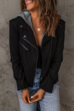 Black Notch Collar Detachable Hood Zipped Jacket