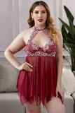 Plus Size Halter Neck Lace Mesh Backless Babydoll with Thong