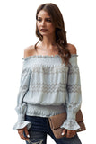 Off Shoulder Ruffle Long Sleeve Smocked Waist Lace Crochet Blouse