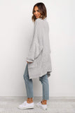 Beige Long Line Open Front Knitted Cardigan with Pockets
